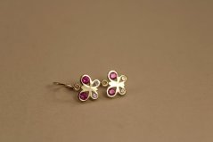 Náušnice - motýľ - číre/rúžové zirkóny - žlté zlato - brizúra -14 karátov