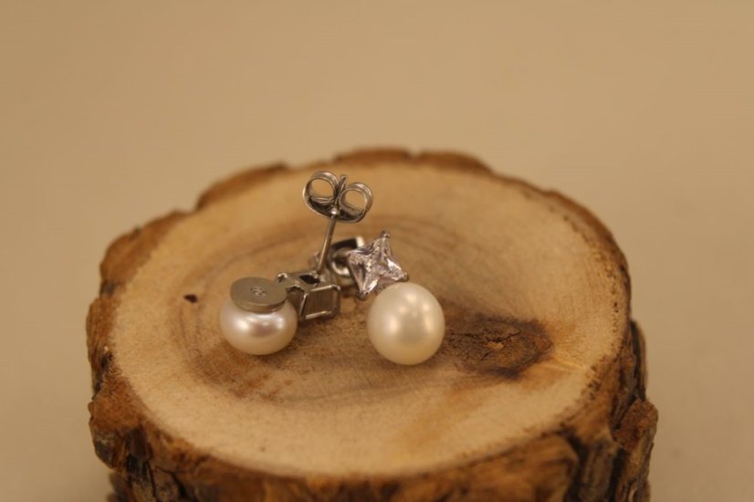 Náušnice- perla- číry zirkón- puzetky- chirurgická oceľ- 316/L