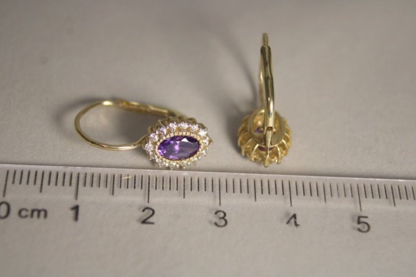 Zlaté naušnice s fialovým zirkónom, žlté zlato, patent, číre zirkóny, 2,68 g, 14K, 585/1000