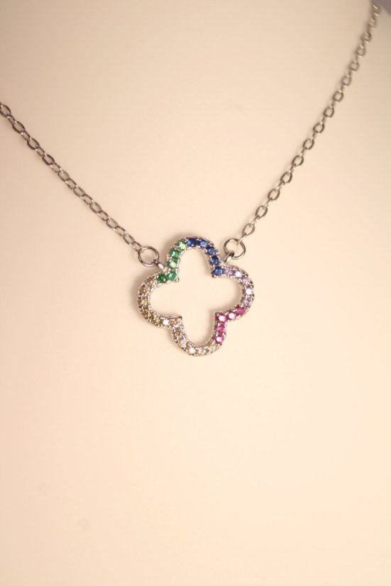 Náhrdelník- ďatelinka- farebné zirkóny- rhódiované striebro