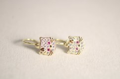 Náušnice-mačičky- farebné zirkóny- brizúra- žlté zlato- 14 karátov