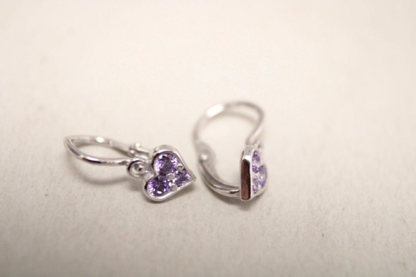 Naušnice- srdiečka-fialové zirkóny- brizúra- biele zlato- 14 karátov