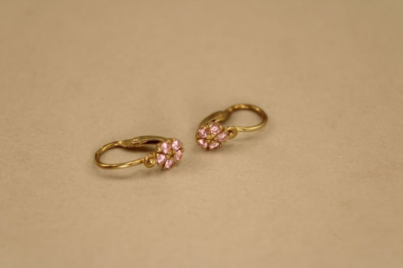 Náušnice-kvietky-rúžový zirkón- brizúra- žlté zlato- 14 karátov