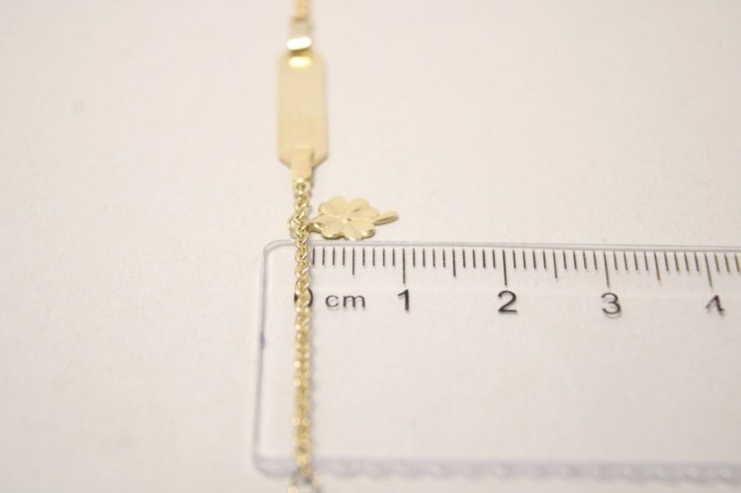 Zlatý detský náramok s platničkou a príveskom štvorlístok, žlté zlato, 13-15 cm, 2,05 g, 14 karátov 585/1000