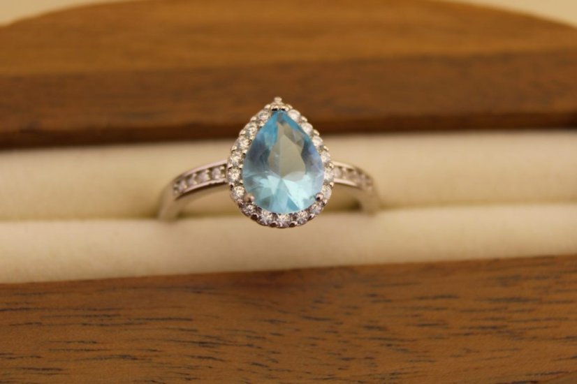 Strieborný prsteň slza - Modrý zirkón - 925 - rhodium