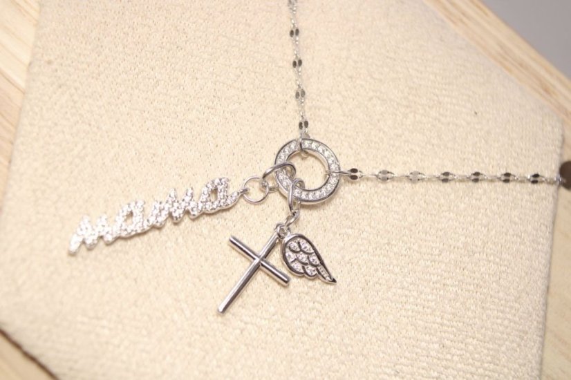 Náhrdelník-Mama- anjelské krídlo- krížik-zirkóny- rhódiované striebro