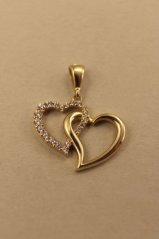 Prívesok- prepletené srdcia- číre zirkóny - žlté zlato- 14 karátov