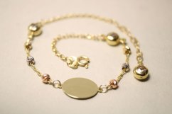 Náramok- platnička- guličky- číre zirkóny- viacfarebné zlato- 14 karátov