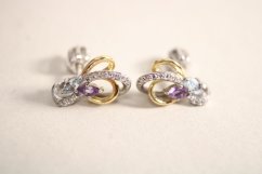 Náušnice-Topásom-Ametyst-číre zirkóny- rhodium-šrubky-kombinované striebro