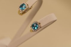 Náušnice- modrý kameň- zirkóny- fracúzsky patent-viacfarebné zlato- 14K