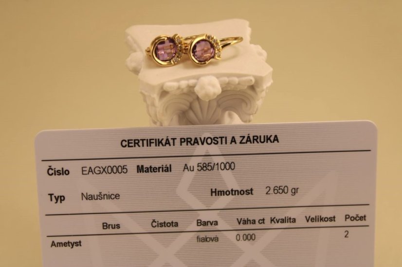 Náušnice - fialový Ametyst - číre zirkóny - patent - žlté zlato - 14K