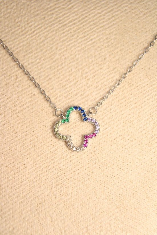 Náhrdelník- ďatelinka- farebné zirkóny- rhódiované striebro