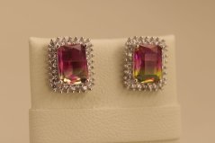 Náušnice - rúžovo-žltý zirkón - číre kamienky - puzetky - rhodium - striebro