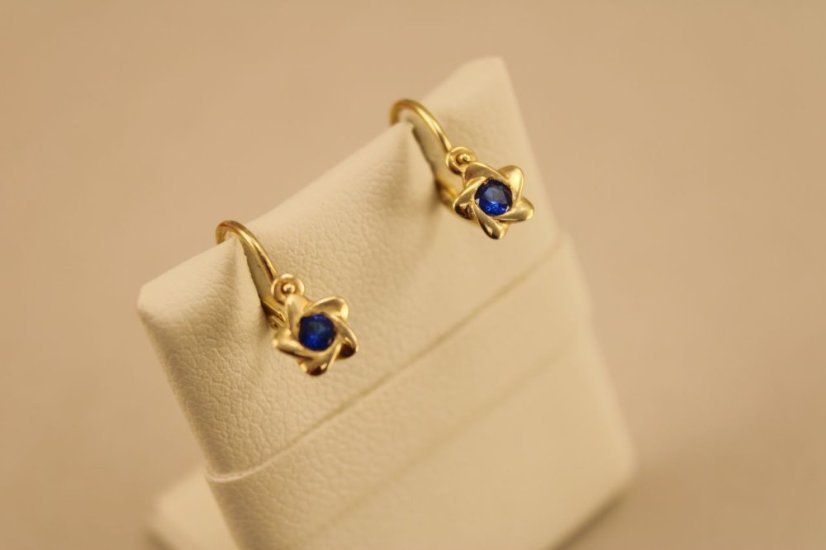 Detské náušnice -kvietky-modrý zirkón-žlté zlato-brizúra-14 karátov