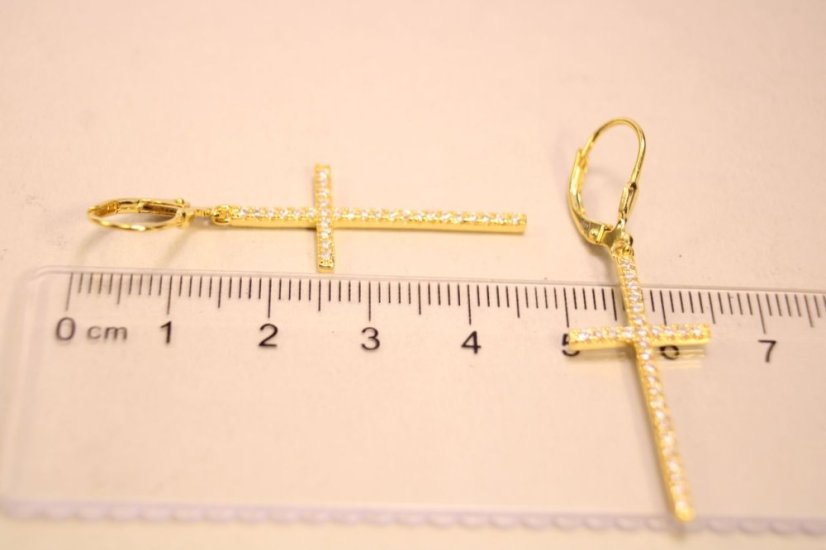 Strieborné pozlátené naušnice visiace krížiky s čírymi zirkónmi, klasické zapínanie, 2,98g, rhódium, 925/1000