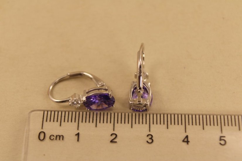 Náušnice-fialový kameň-patent-rhodium-striebro