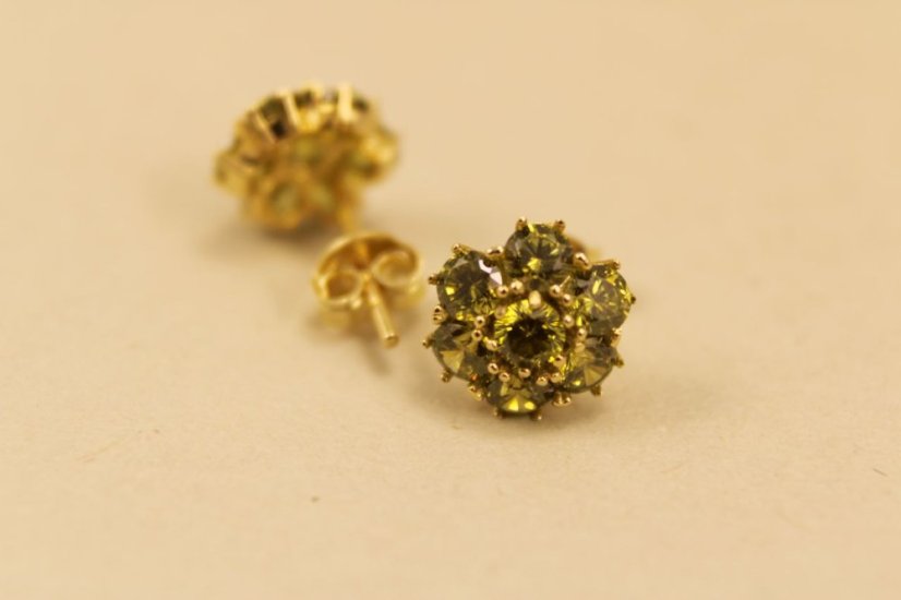 Zlaté náušnice, žlté zlato, zelený zirkón 1,75g 14k 585/1000