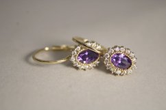 Náušnice-fialový zirkón-žlté zlato-patent-číre zirkóny-14K