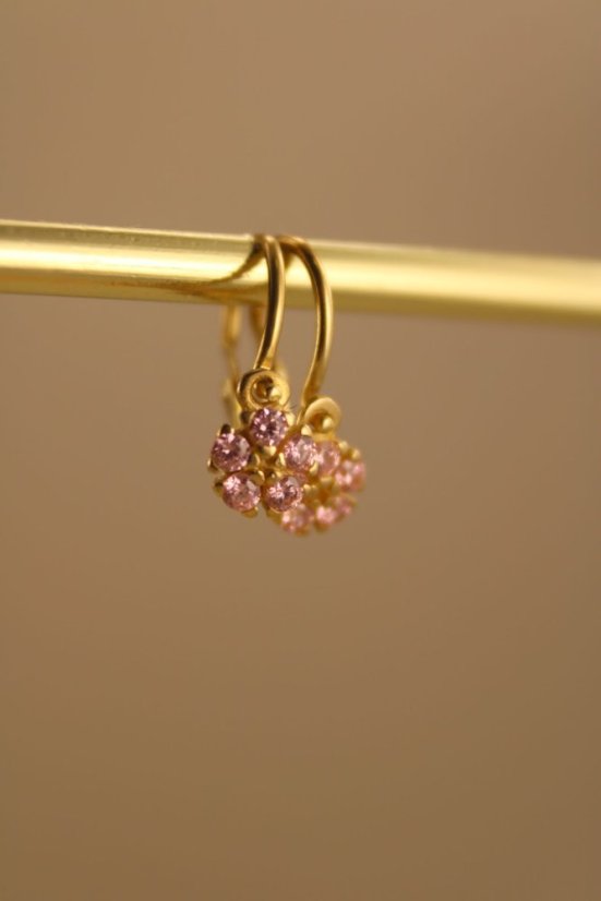 Náušnice-kvietky-rúžový zirkón- brizúra- žlté zlato- 14 karátov