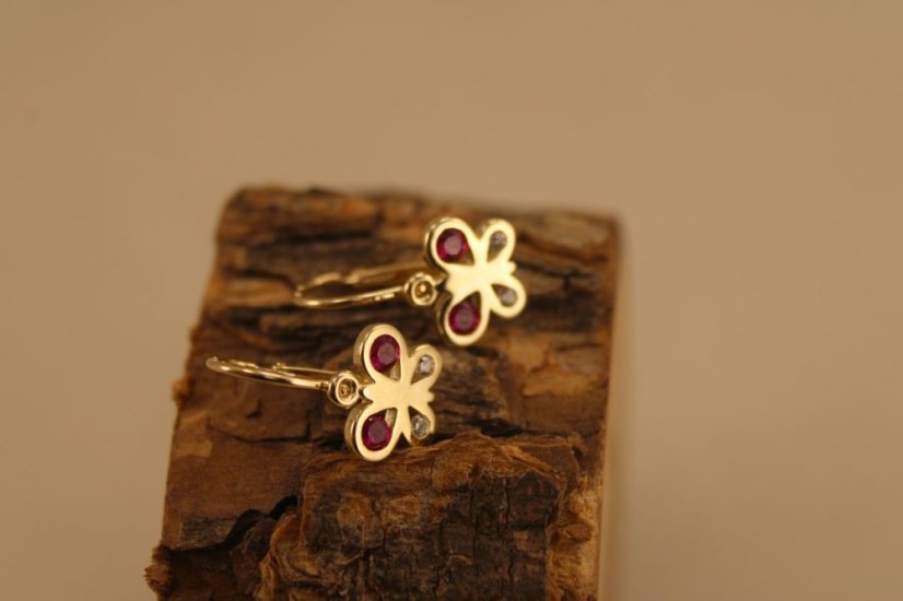 Náušnice - motýľ - číre/rúžové zirkóny - žlté zlato - brizúra -14 karátov