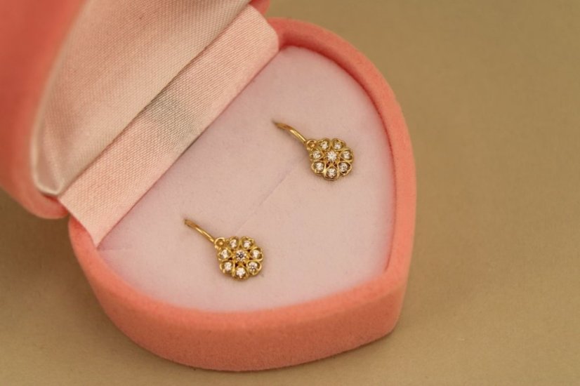 Náušnice-kvietky-číry zirkón- brizúra- žlté zlato- 14 karátov
