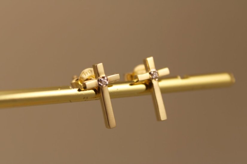 Náušnice- kríž- číry zirkón- napichovačky- žlté zlato- 14 karátov