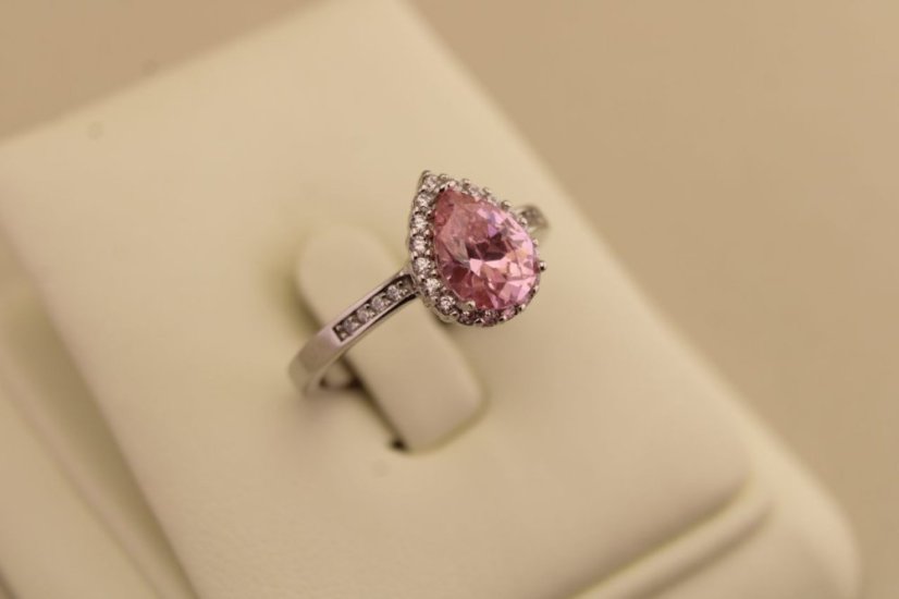 Strieborný prsteň slza - Rúžový zirkón - 925 - rhodium