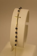 Zlatý náramok - Krížik - čierne guličky - 14k - žlté zlato