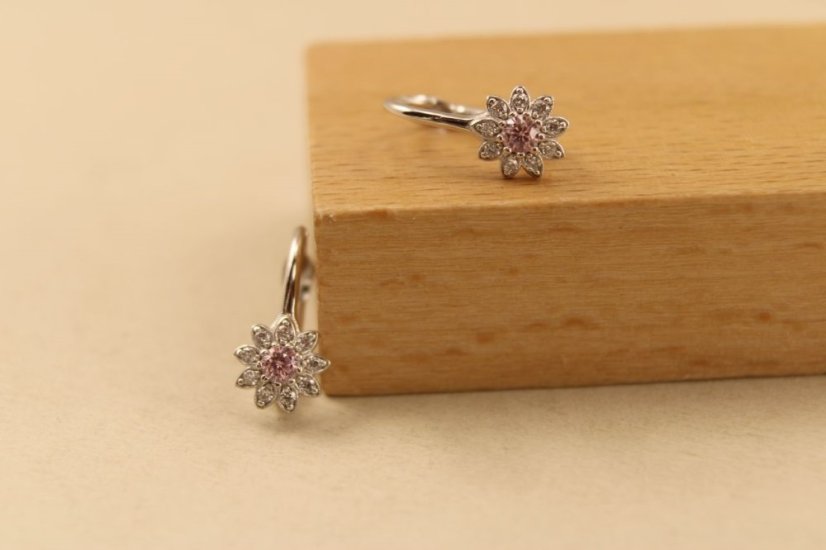 Náušnice-kvietky- farebné zirkóny- patent- biele zlato-14K