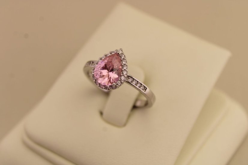 Strieborný prsteň slza - Rúžový zirkón - 925 - rhodium