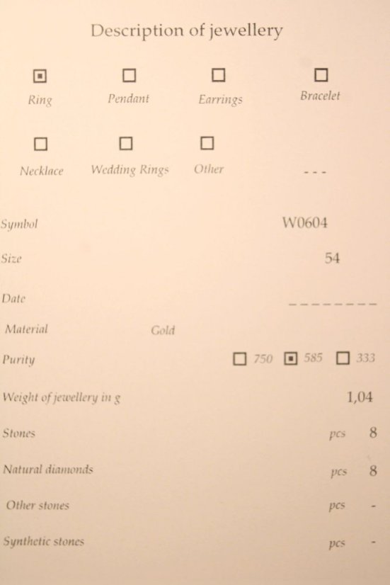 Prsteň- diamanty- 0,04 ct- H/Si2- žlté zlato- 14 karátov
