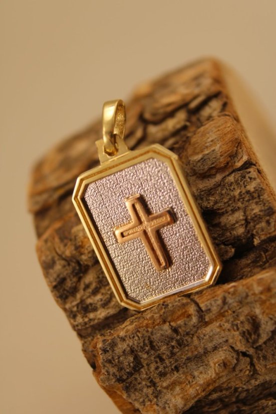 Prívesok-platnička-kombinované zlato-krížik-14 karátov