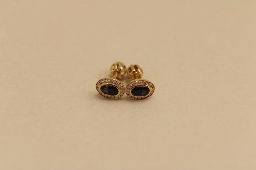 Zafírové - diamantové náušnice - žlté zlato - diamanty 0,10 ct - šrúbky -14K