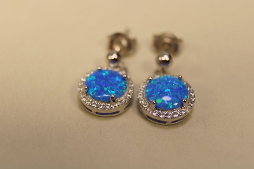 Náušnice- visiace-modrý opál-číre zirkóny-puzetky-striebro