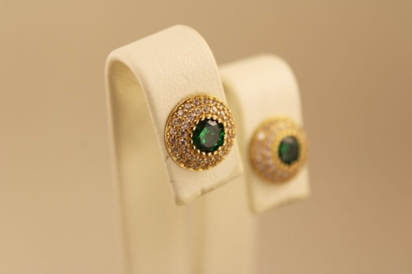 Zlaté náušnice, zelený zirkón a číre ziróny, 2,73g 14k 585/1000
