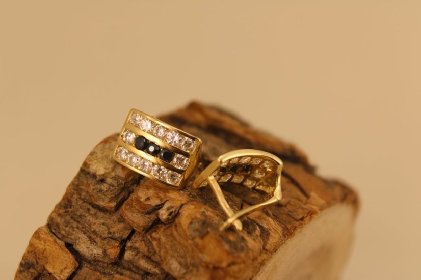 Náušnice -číre-čierne- zirkóny- francúzsky patent- žlté zlato- 14K