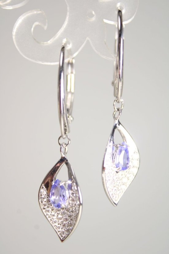 Strieborné visiace náušnice s fialovo-modrým Tanzanitom a čírymi zirkónmi, rhodium, 2,67 g, 925/1000