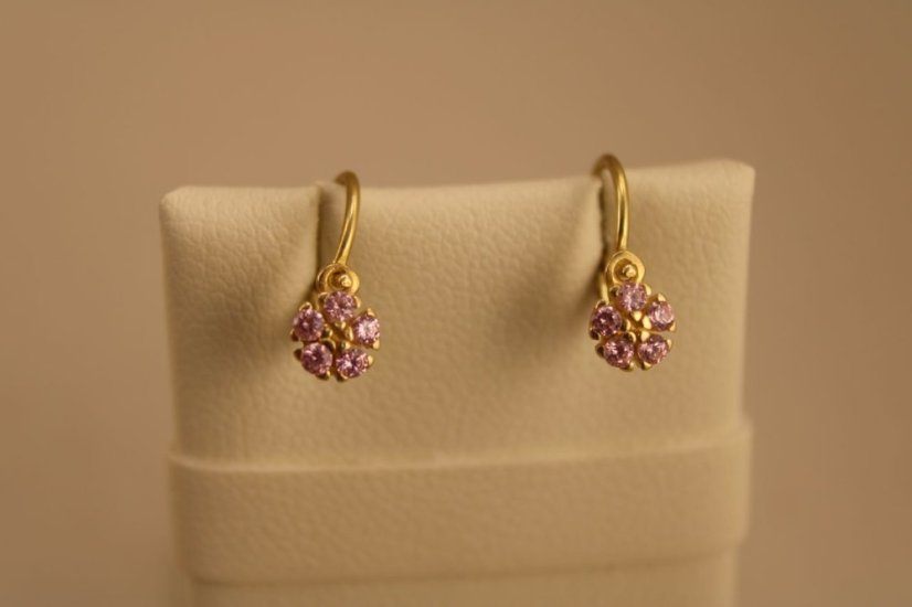 Náušnice-kvietky-rúžový zirkón- brizúra- žlté zlato- 14 karátov