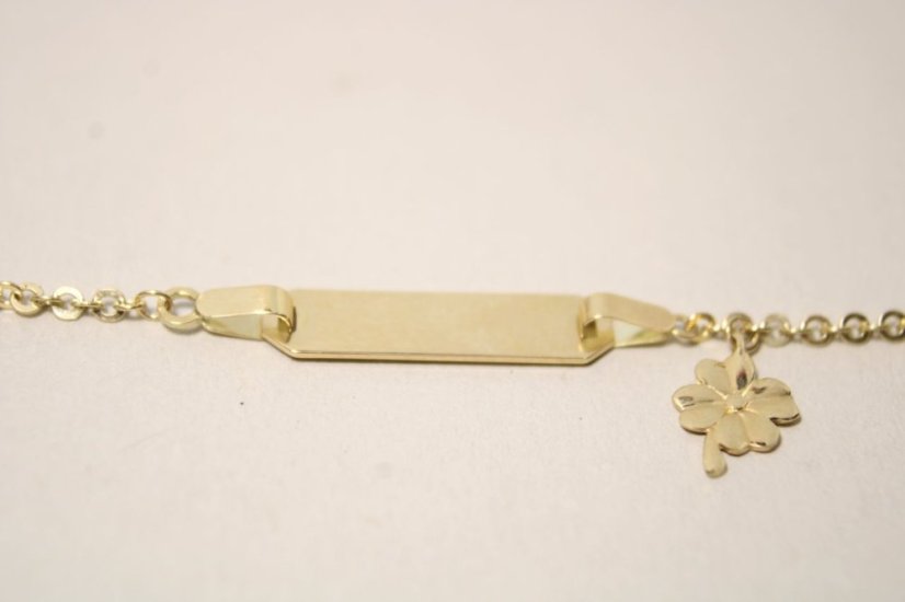 Zlatý detský náramok s platničkou a príveskom štvorlístok, žlté zlato, 13-15 cm, 2,05 g, 14 karátov 585/1000