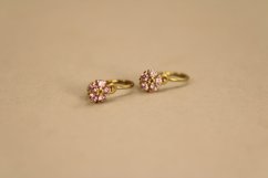 Náušnice-kvietky-rúžový zirkón- brizúra- žlté zlato- 14 karátov