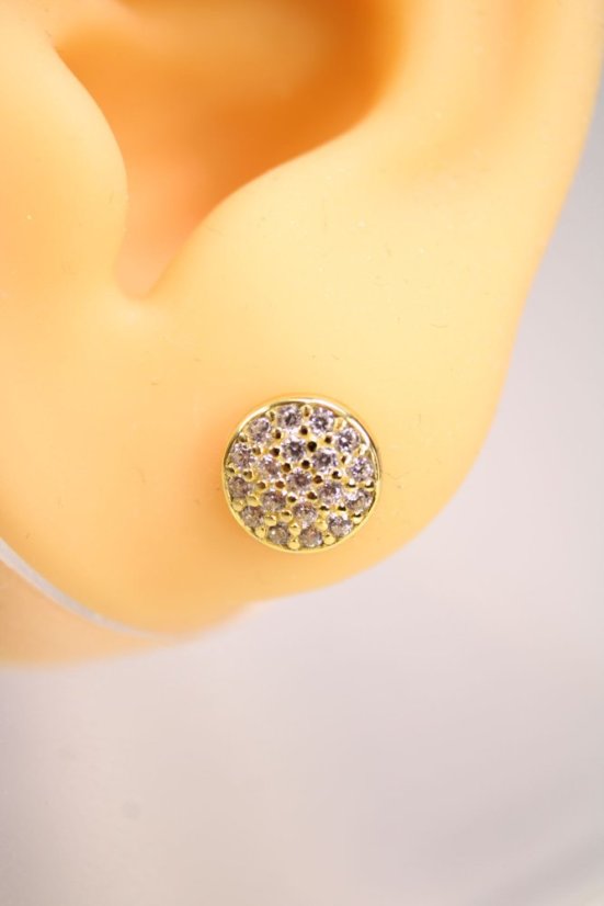 Pozlátené strieborné náušnice v tvare kruhu s čírymi zirkónmi, puzetové zapínanie, 1,34g, 925/1000 - Materiál: Pozlátené striebro, Druh kameňa: ZIRKÓN, Farba kameňa: Číry, Váha (g): 1,34, Rýdzosť: STRIEBRO 925/1000
