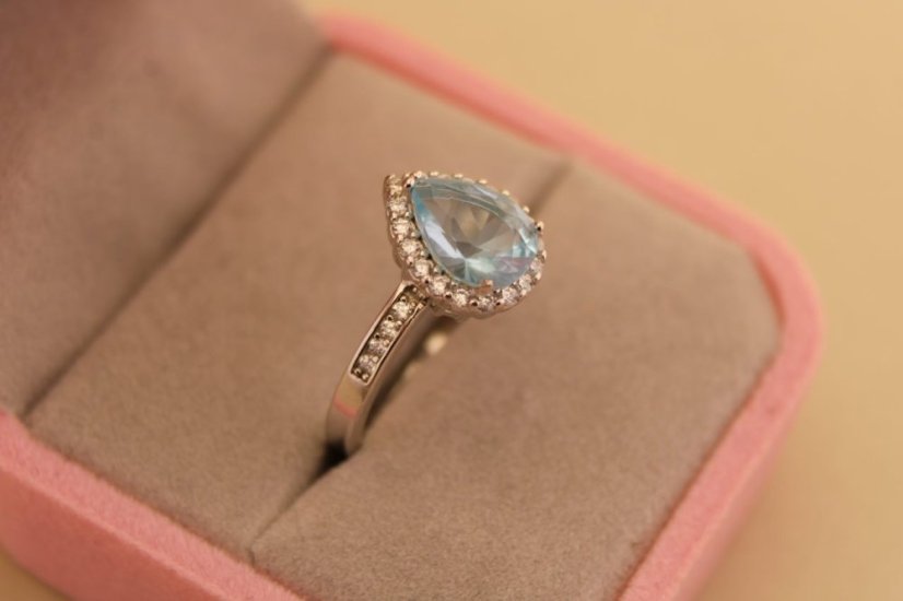 Strieborný prsteň slza - Modrý zirkón - 925 - rhodium