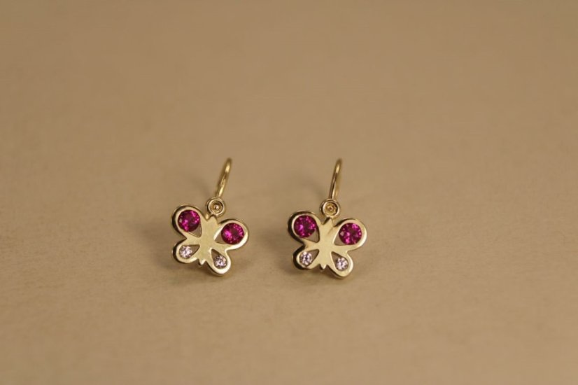 Náušnice - motýľ - číre/rúžové zirkóny - žlté zlato - brizúra -14 karátov