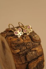 Náušnice - motýľ - číre/rúžové zirkóny - žlté zlato - brizúra -14 karátov