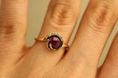 Prsteň - fialový Ametyst - číre zirkóny - žlté zlato - 14K