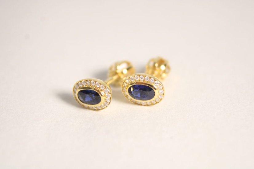 Zafírové a diamantové náušnice, žlté zlato, diamanty 0,10 ct, šrúbky, 1,80 g, 14K 585/1000