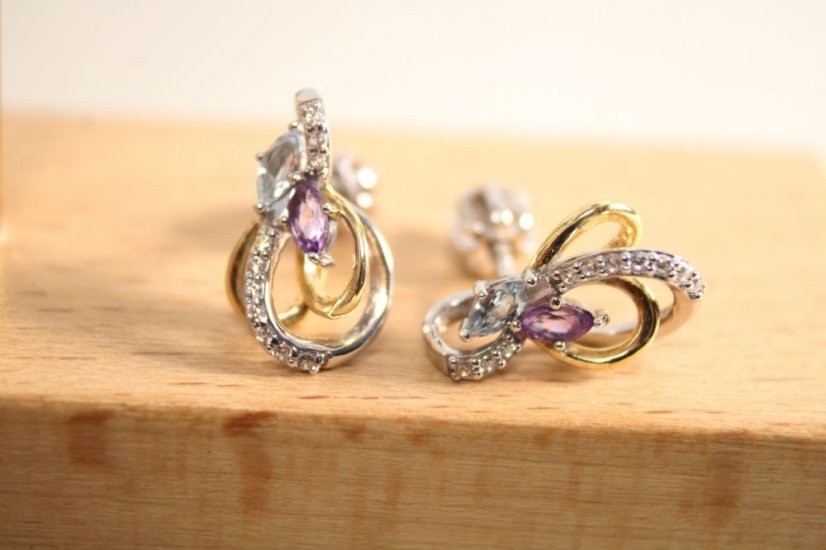 Náušnice-Topásom-Ametyst-číre zirkóny- rhodium-šrubky-kombinované striebro