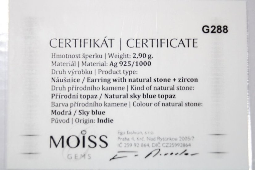 Strieborné naušnice dva listy s modrým Topásom,číre zirkóny, rhódium, puzetové zapínanie, 2,67g, 925/1000
