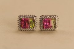 Náušnice - rúžovo-žltý zirkón - číre kamienky - puzetky - rhodium - striebro