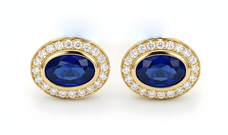 Zafírové - diamantové náušnice - žlté zlato - diamanty 0,10 ct - šrúbky -14K